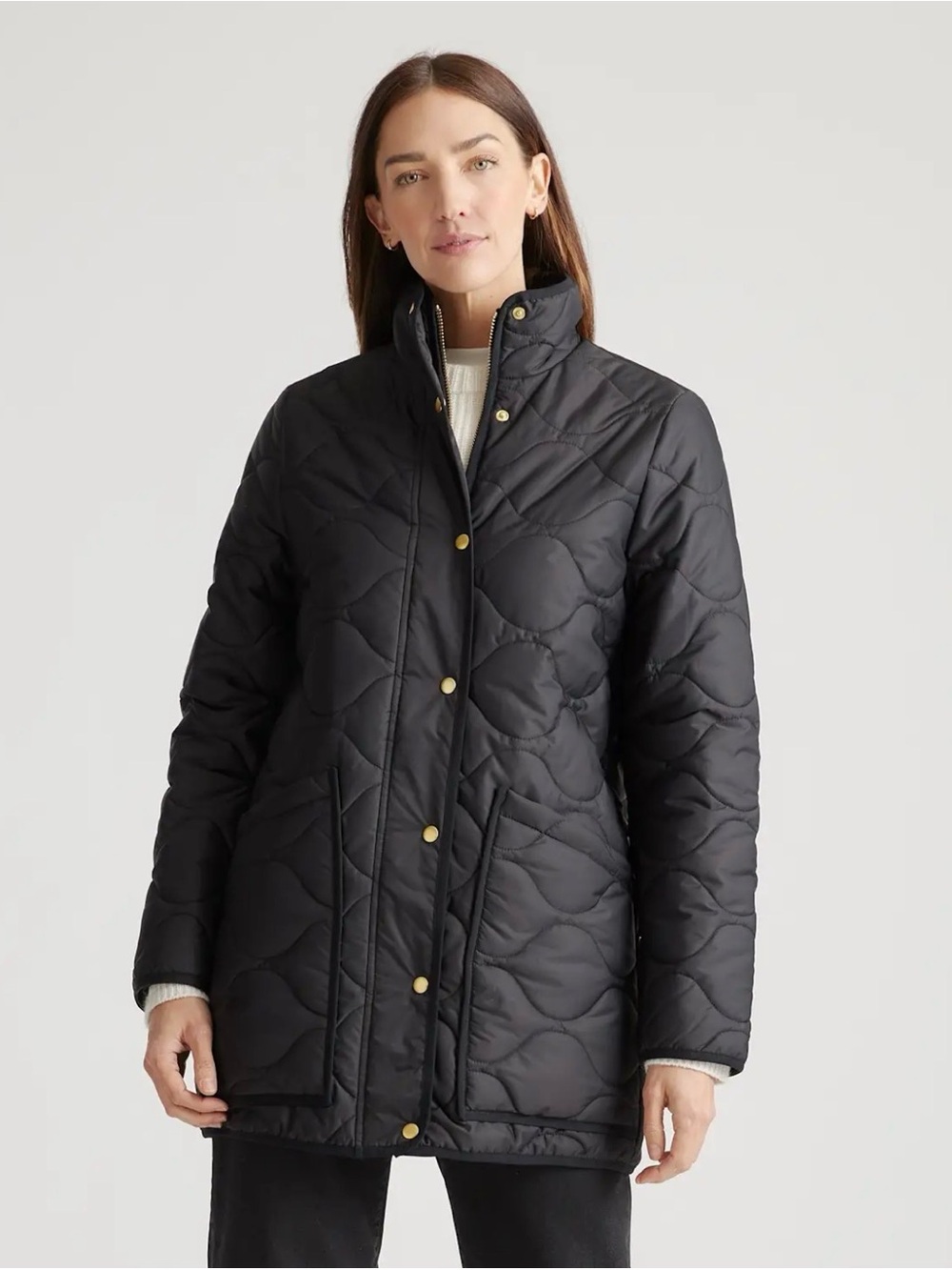 Quince Featherless Quilted Long Puffer Jacket, Black, XS